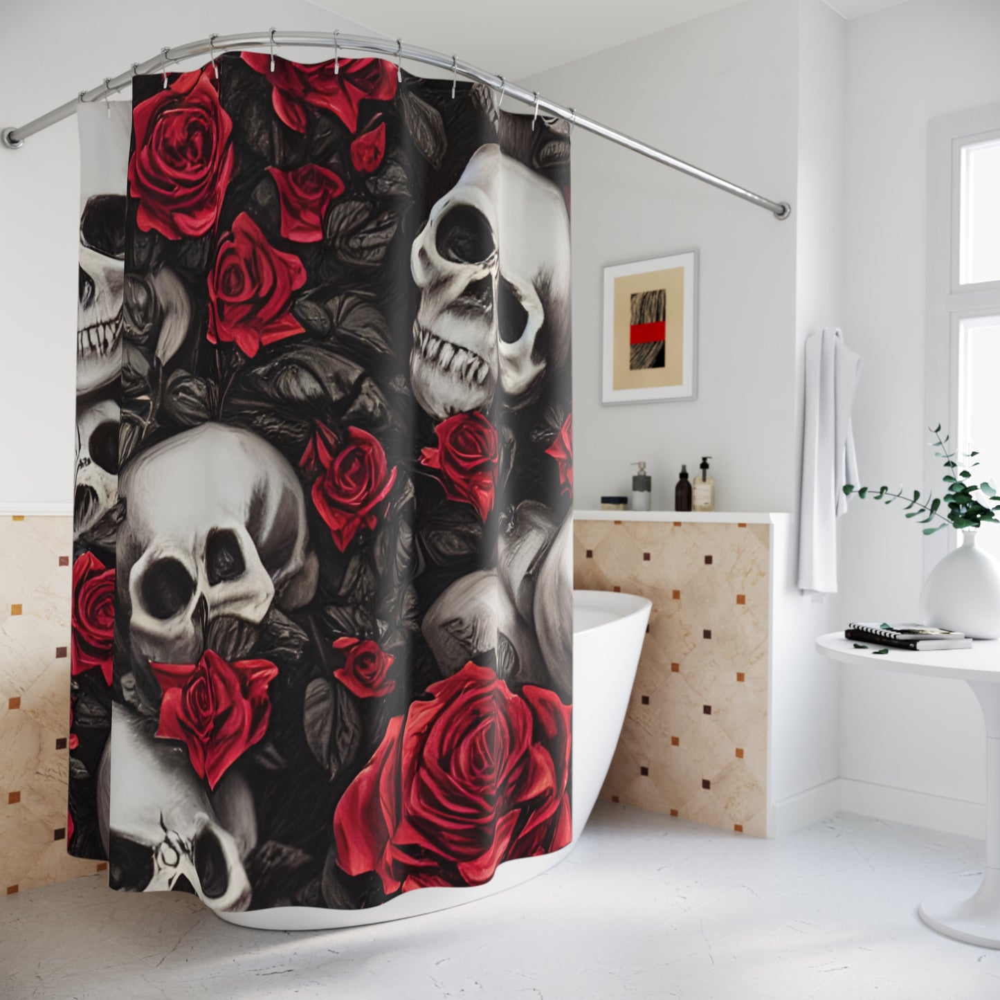 Hyper Realistic Skulls and Red Roses by artist Anne-Laure Polyester Shower Curtain