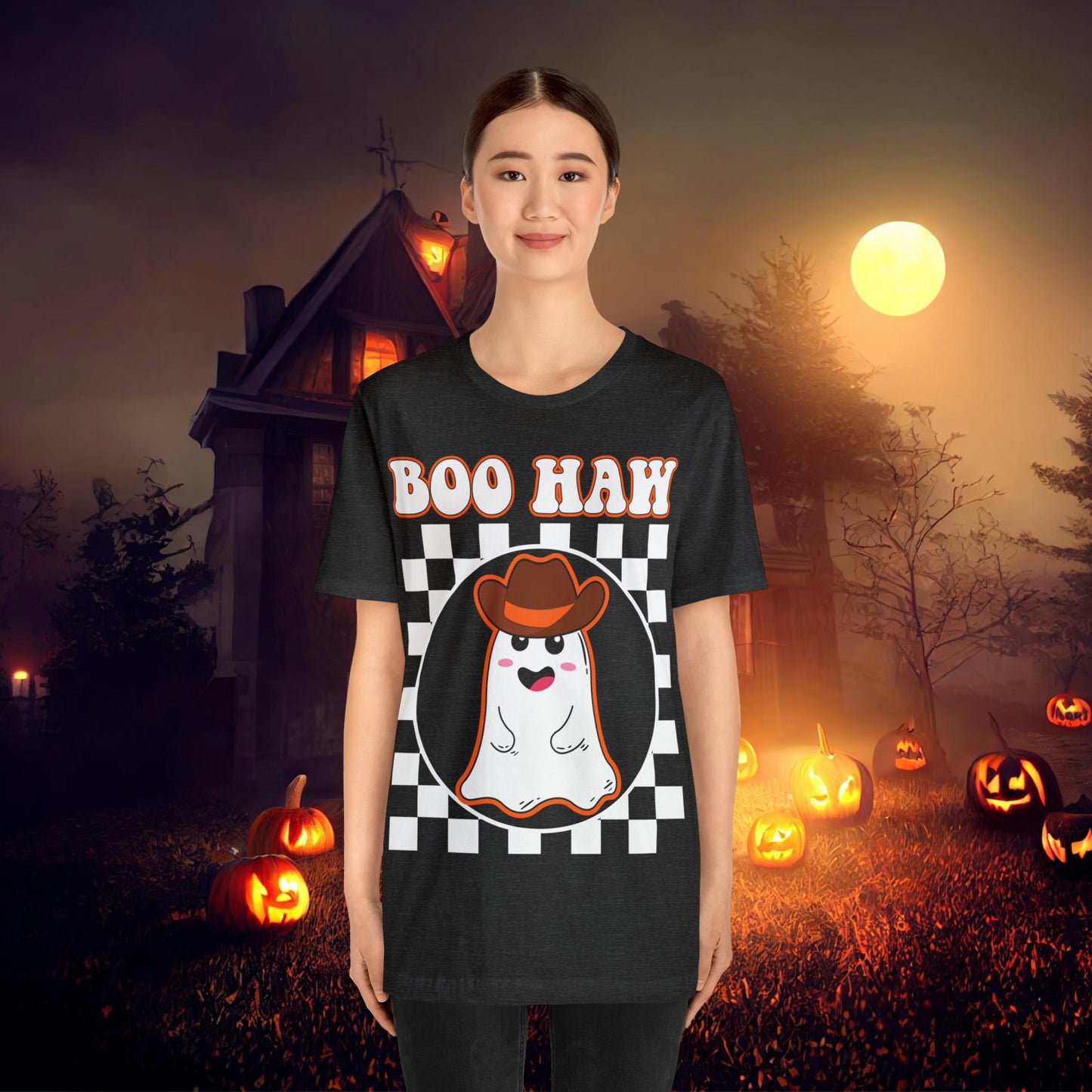 Cute Cowboy Ghost Saying Boo Haw Retro Groovy Western Halloween Unisex Jersey Short Sleeve Tee Gifts for Him Gifts For Her