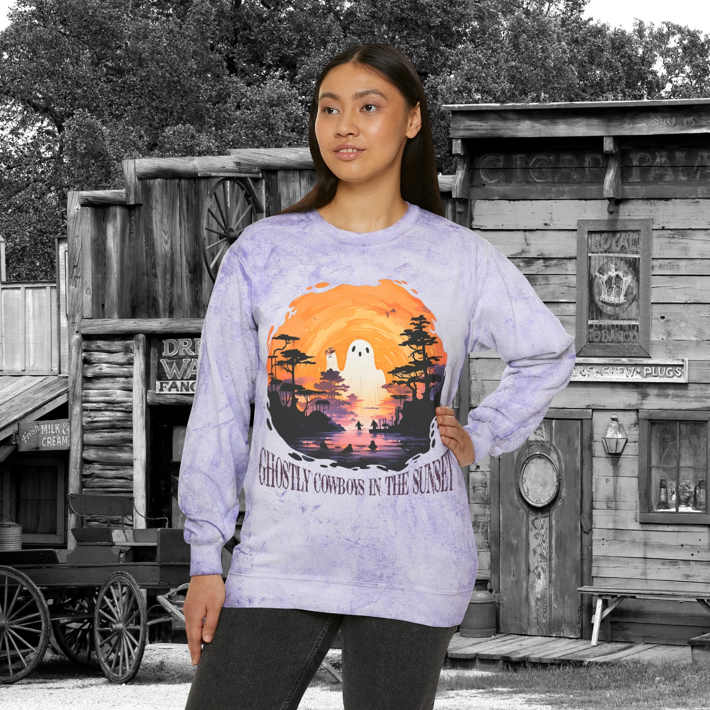 Ghostly Cowboys In the Sunset Western Halloween Unisex Color Blast Crewneck Sweatshirt Gifts for Her Gifts for Him