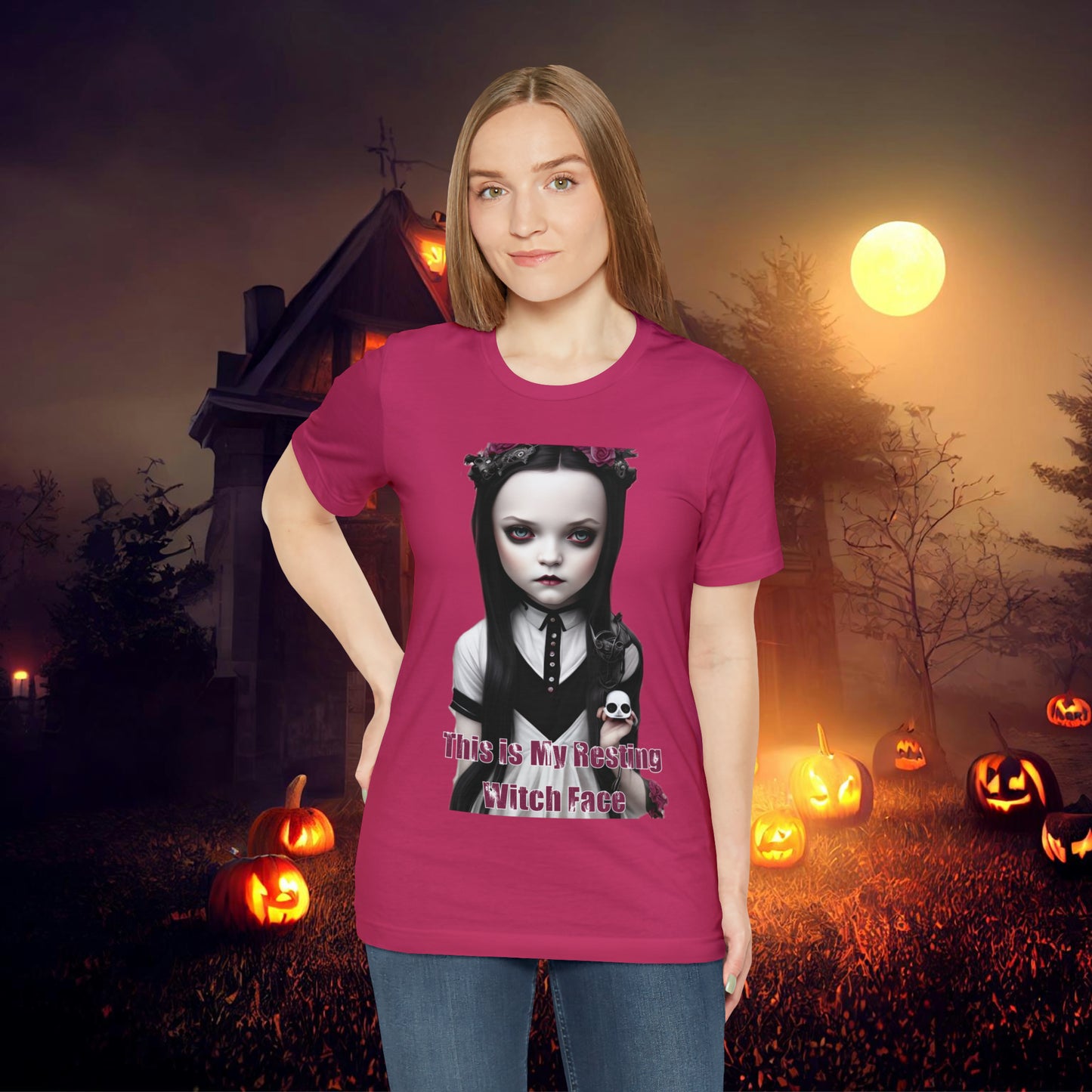 Wednesday Addams Chibi by Charlie Bowater This Is my Resting Witch Face Halloween Unisex Jersey Short Sleeve Tee