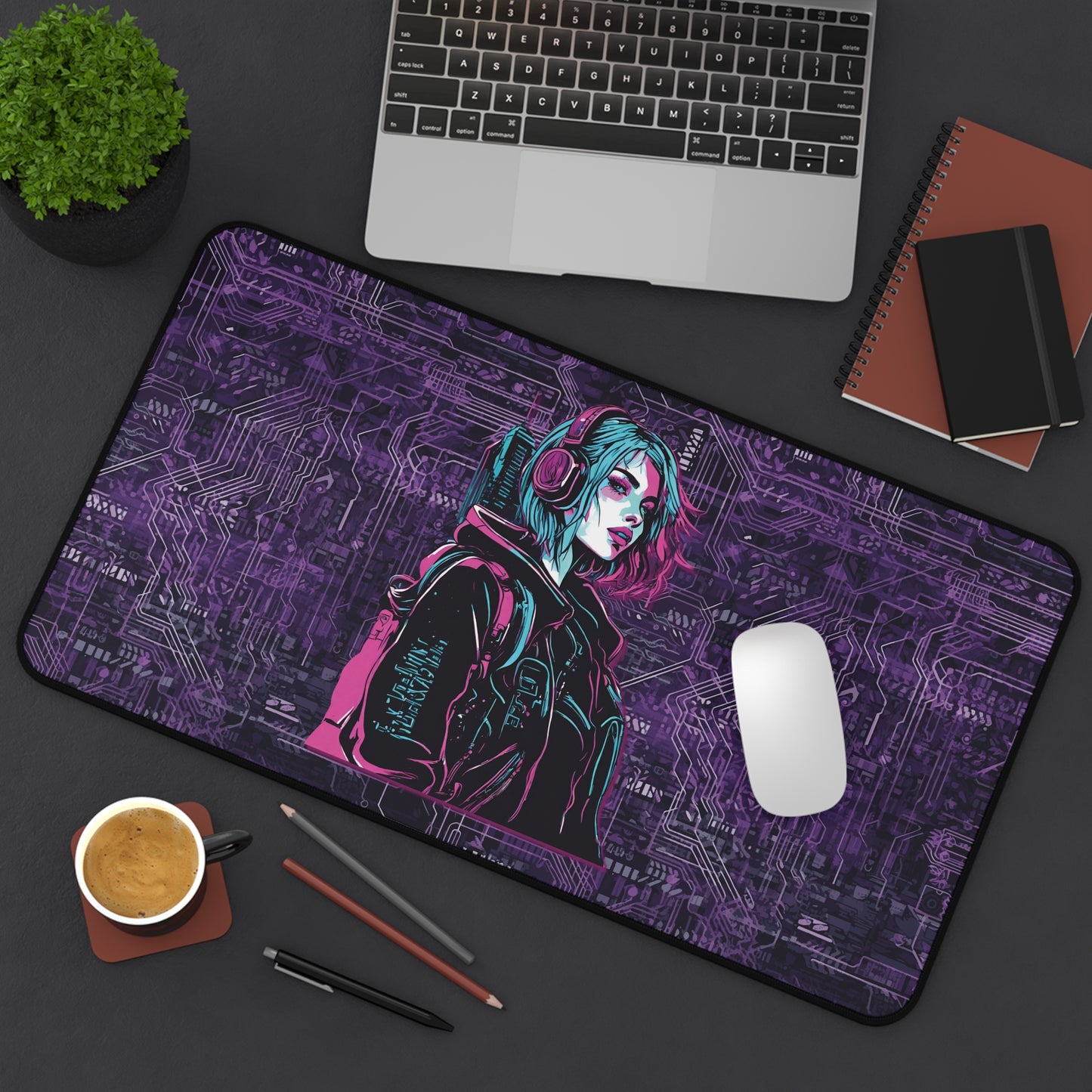 Desk Mat - Neon Futuristic Lights Cyberpunk Girl