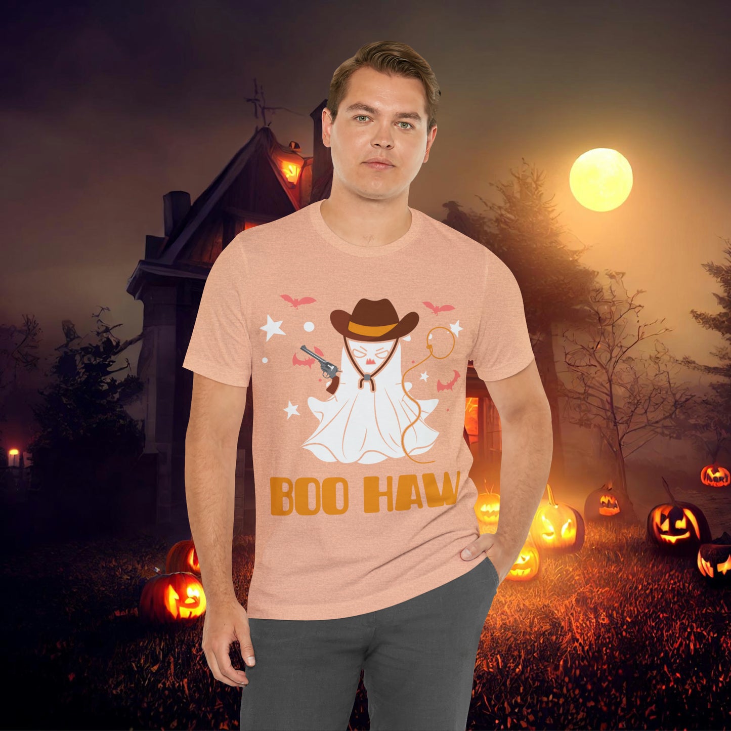 Ghost Cowboy Gunslinger saying Boo Haw Retro Western Halloween Unisex Jersey Short Sleeve Tee Gifts for Her Gifts for Him