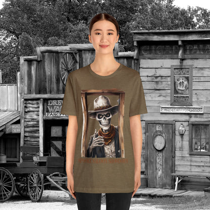 Spooky Saloon Showdown Gunslinging Skeleton Cowboy Halloween Unisex Jersey Short Sleeve Tee