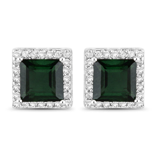 1.55 Carat Genuine Green Tourmaline and White Diamond 14K White Gold Earrings