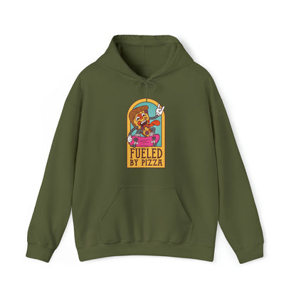 "DirkyThreadz Fueled By Pizza Hoodie - Playful Graphic Design for Pizza Lovers"