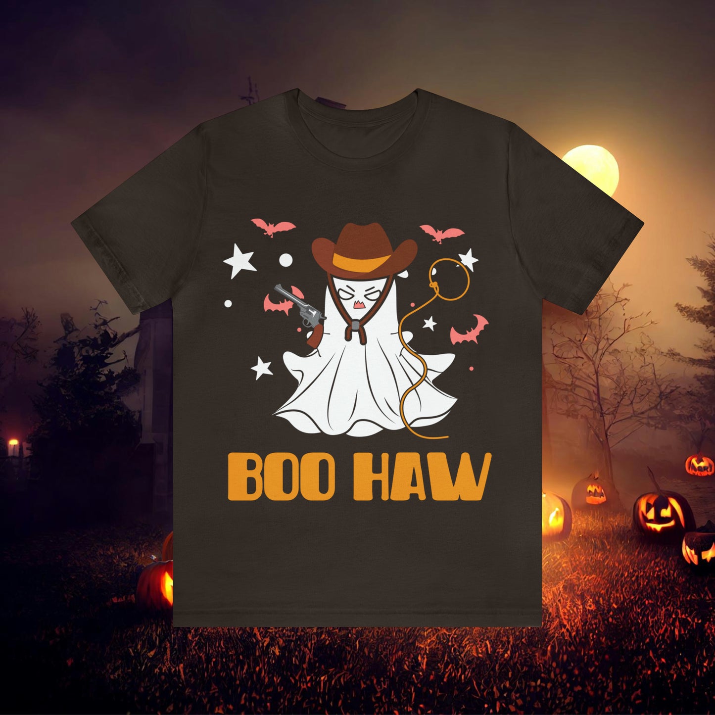 Ghost Cowboy Gunslinger saying Boo Haw Retro Western Halloween Unisex Jersey Short Sleeve Tee Gifts for Her Gifts for Him