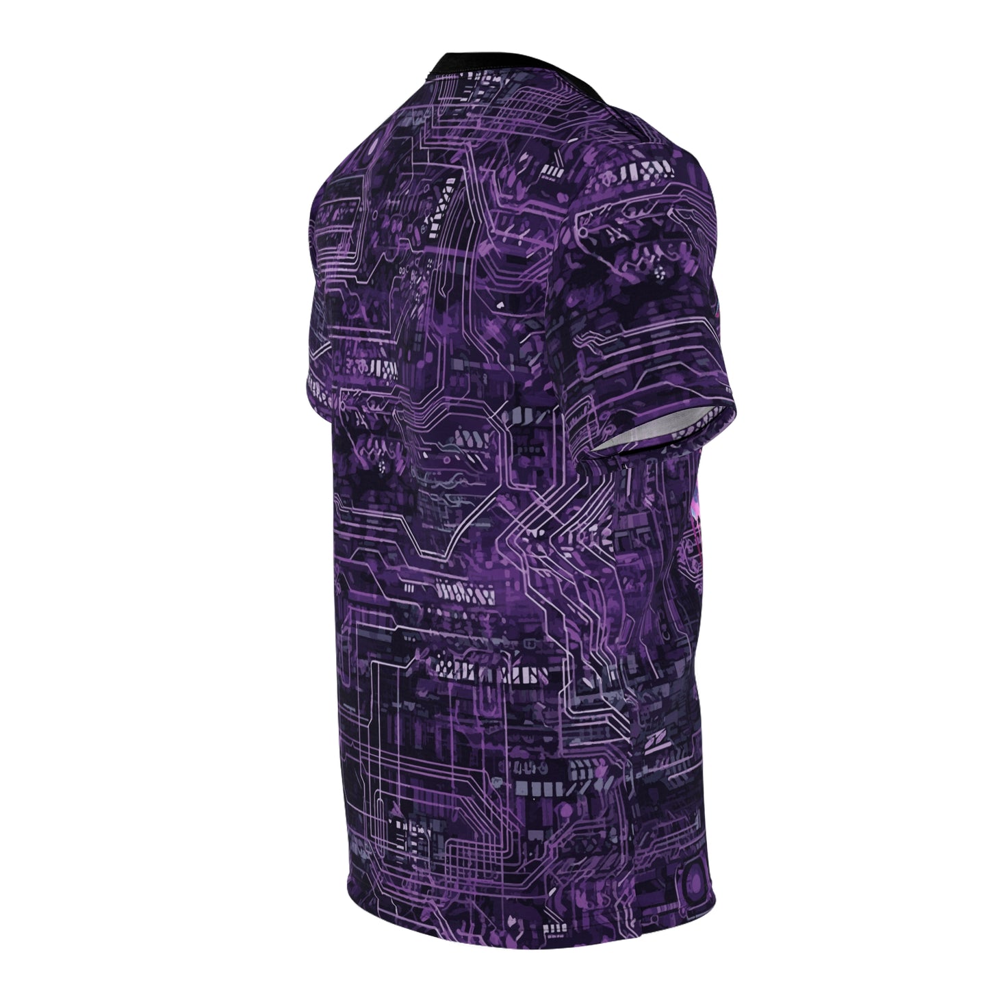 CyberPunk Cybernetic Skull breaking through a Purple Neon Circuit Board Unisex Cut & Sew Tee (AOP) Gifts for Her Gifts For Him