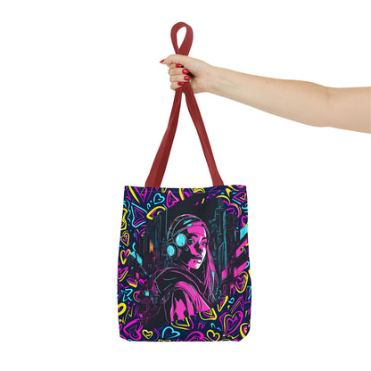 Cyberpunk Girl in Neon Graffiti Hearts AOP Tote Bag 3 sizes 5 color handle options