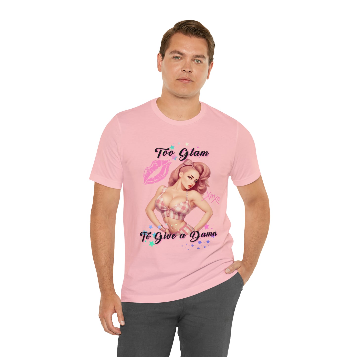 Vintage Pink Pinup Girl "Too Glam To Give a D*mn" on a Bella+Canva 3001 Unisex Jersey T-Shirt - A Must-Have Gift for her