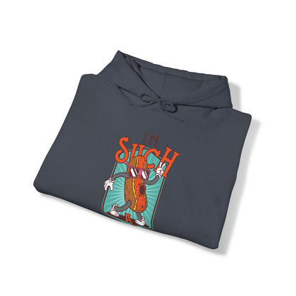 "DirkyThreadz Hot Dog Coolness Hoodie - Quirky Cartoon Design in Bold Blue"