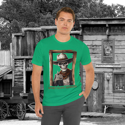Spooky Saloon Showdown Gunslinging Skeleton Cowboy Halloween Unisex Jersey Short Sleeve Tee