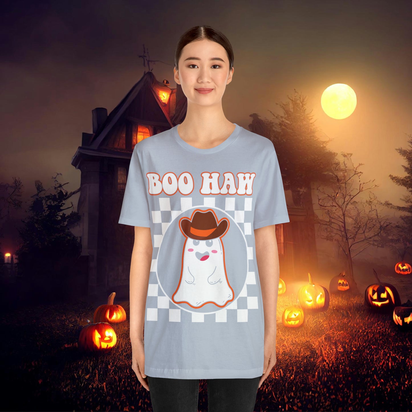 Cute Cowboy Ghost Saying Boo Haw Retro Groovy Western Halloween Unisex Jersey Short Sleeve Tee Gifts for Him Gifts For Her