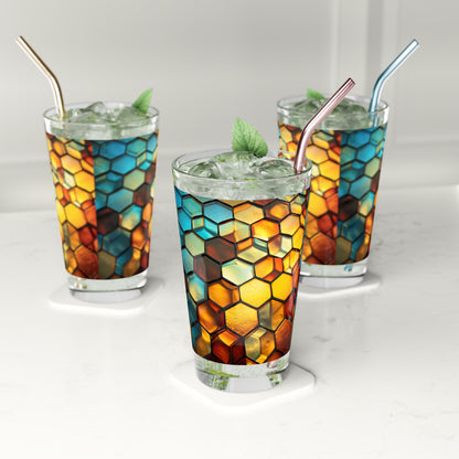 "Buzzing Beauty: A Blue and Yellow Honeycomb Stained Glass Artwork on a 16oz Pint Glass Gift idea gifts for home decor housewarming gift