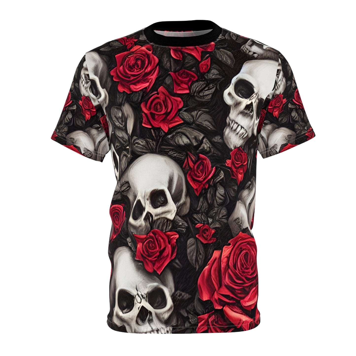 Hyper Realistic Skulls and Red Roses by artist Anne-Laure Goupil Unisex Cut & Sew Tee (AOP)