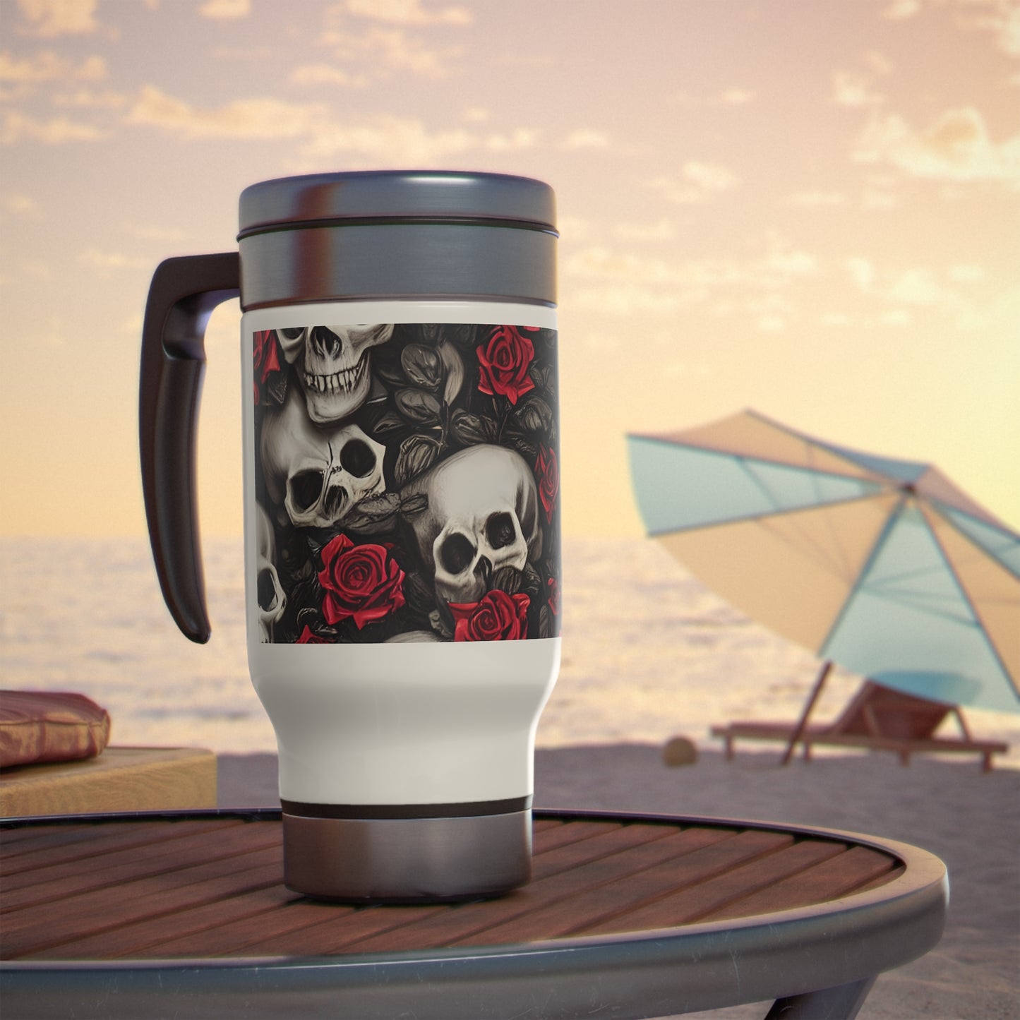 Hyper Realistic Skulls and Red Roses by artist Anne-Laure Goupil Stainless Steel Travel Mug with Handle, 14oz