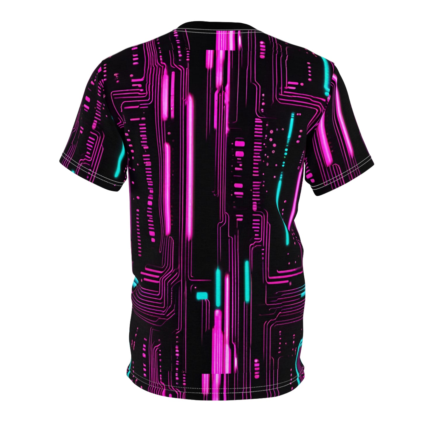 Cyberpunk Girl Unisex AOP Tee - Neon Lights & 3D Circuit Board Design