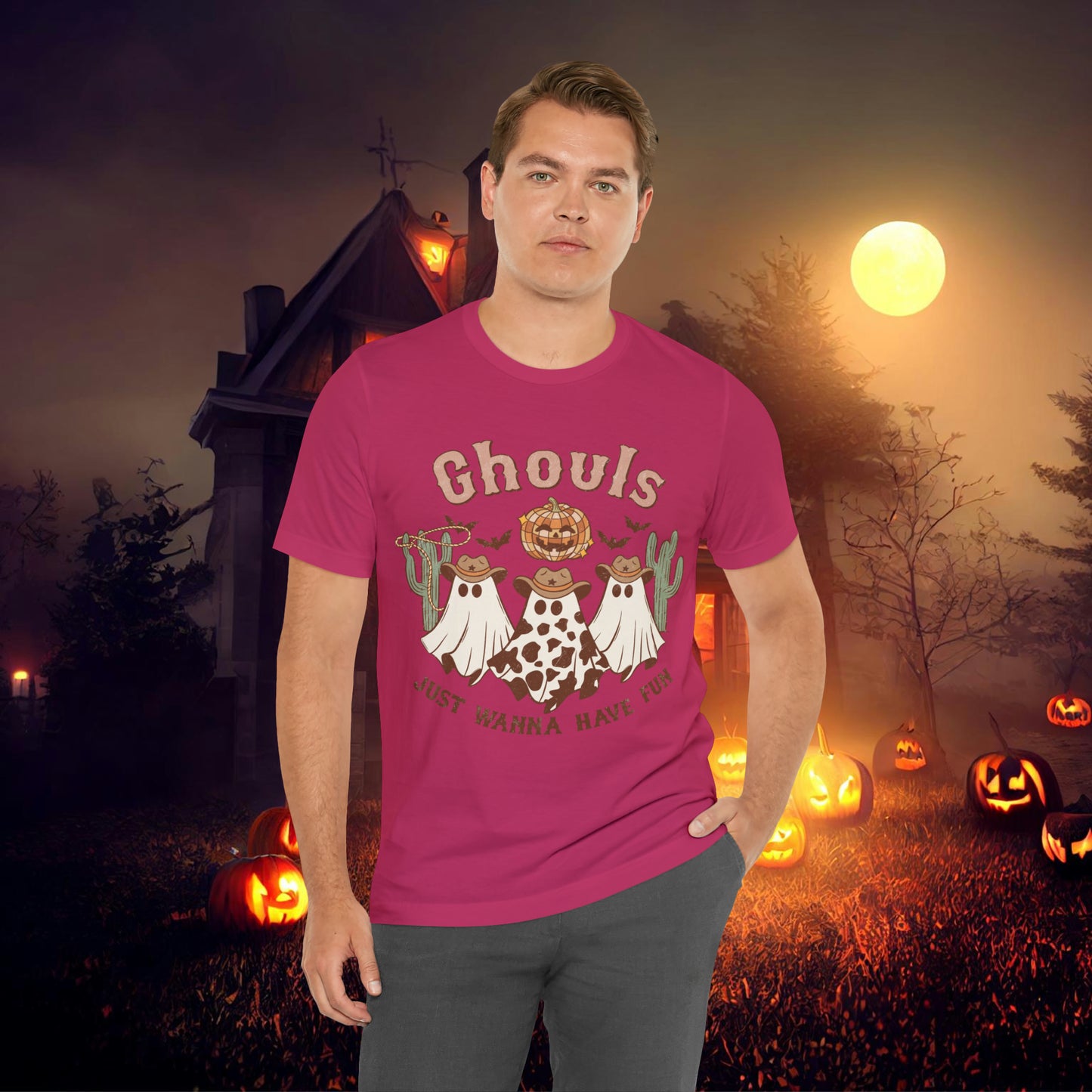 Ghouls Just wanna have fun Cowgirl Ghosts Retro Halloween Unisex Jersey Short Sleeve Tee Gifts for her