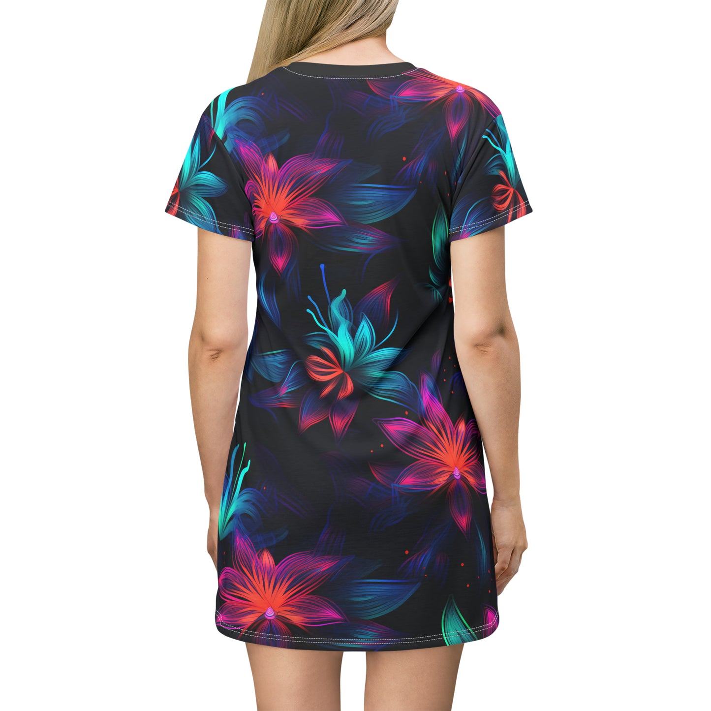 Neon Bloom Delight: All Over Print T-Shirt Dress