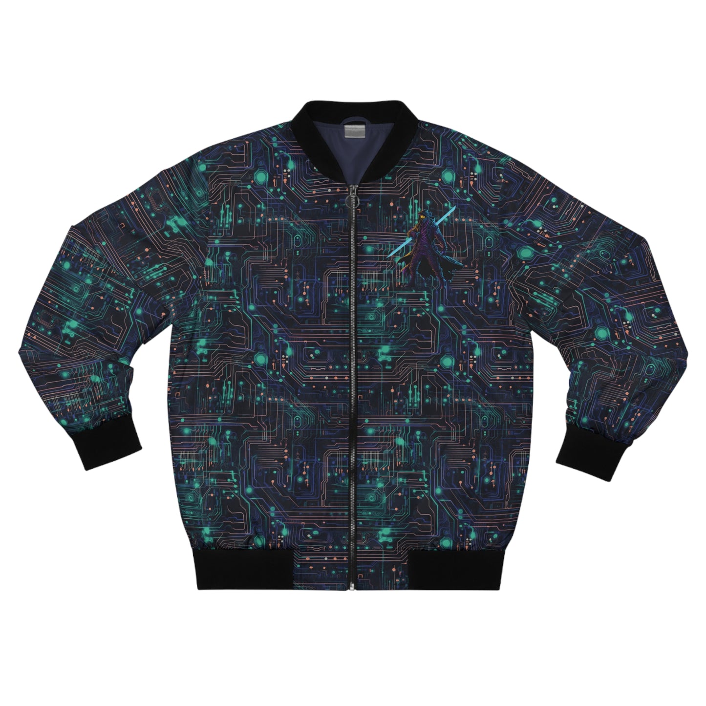 Cyberpunk Vanguard: Neon Circuit Board Men's Bomber Jacket (AOP)