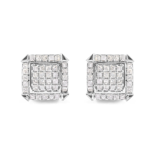10K White Gold 1 1/10 Cttw Princess Diamond Composite and Halo Stud Earrings (I-J Color, I1-I2 Clarity)