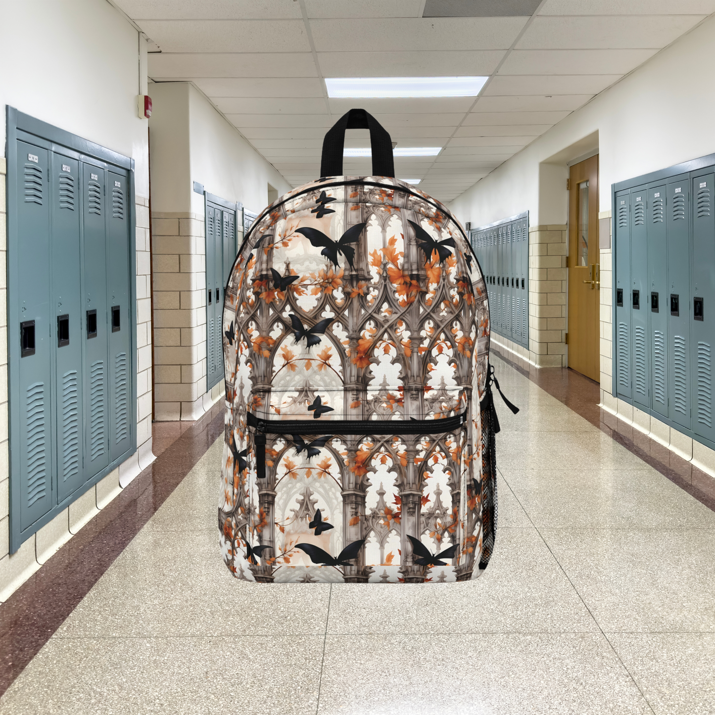 Halloween Black Butterflies flying over White Column Backpack