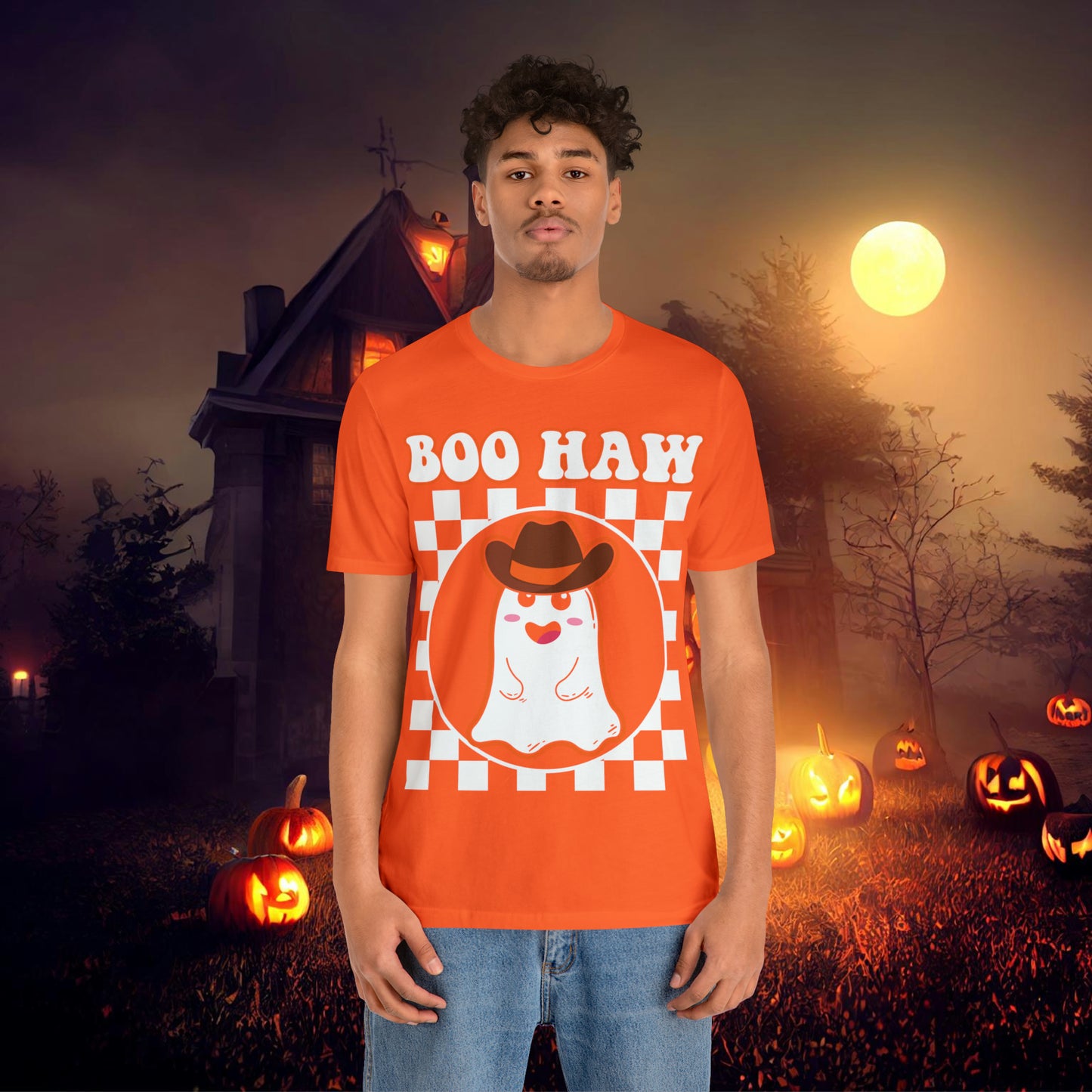 Cute Cowboy Ghost Saying Boo Haw Retro Groovy Western Halloween Unisex Jersey Short Sleeve Tee Gifts for Him Gifts For Her