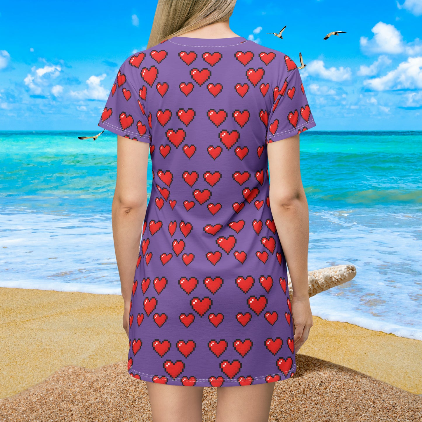 8 bit Heart in Light Purple T-Shirt Dress (AOP)