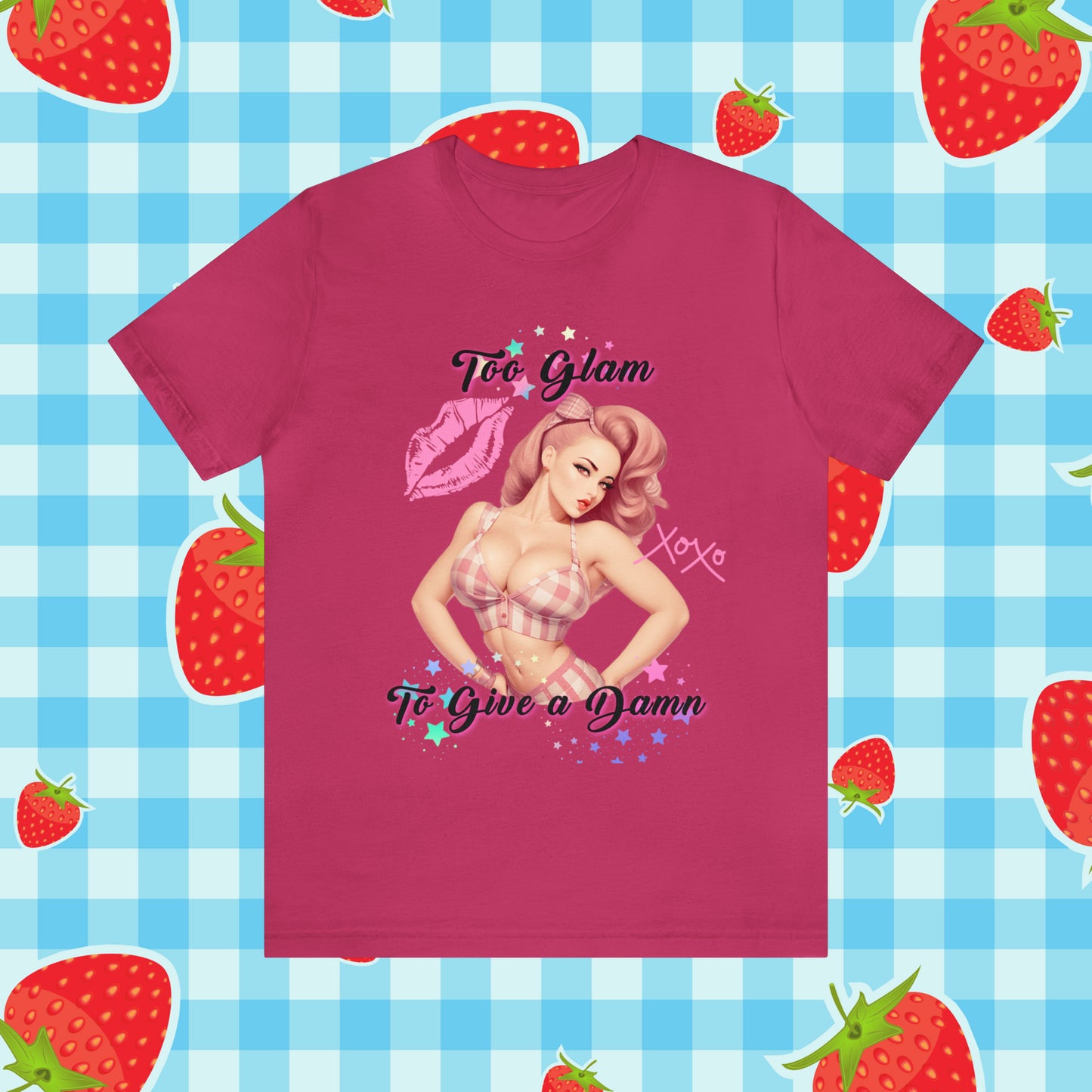 Vintage Pink Pinup Girl "Too Glam To Give a D*mn" on a Bella+Canva 3001 Unisex Jersey T-Shirt - A Must-Have Gift for her