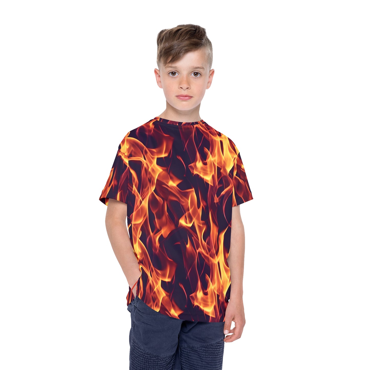 Fuel Their Passion: All Over Print Kid Sport Jersey with Flames