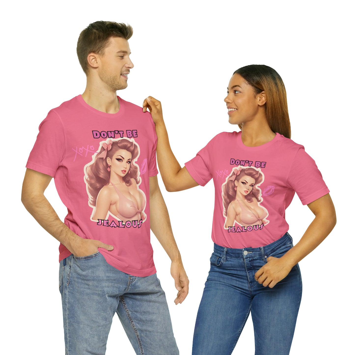 Timeless Elegance: Vintage Pink Pinup Girl "Don't Be Jealous" on a Bella+Canva 3001 Unisex Jersey T-Shirt - A Must-Have Gift for her