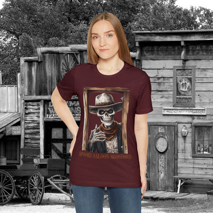 Spooky Saloon Showdown Gunslinging Skeleton Cowboy Halloween Unisex Jersey Short Sleeve Tee