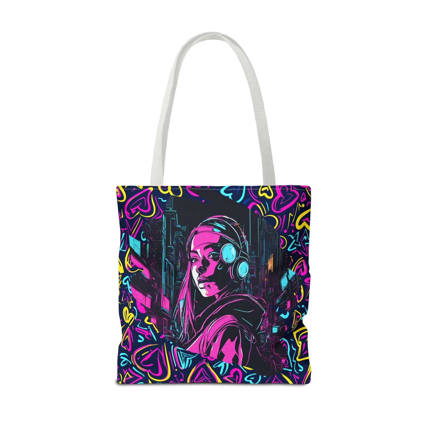 Cyberpunk Girl in Neon Graffiti Hearts AOP Tote Bag 3 sizes 5 color handle options