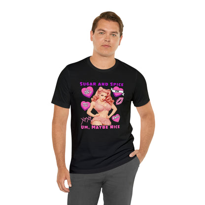 Sarcastic Elegance: Vintage Pink Pinup Girl "Sugar and Spice" on a Bella+Canva 3001 Unisex Jersey T-Shirt - A Must-Have Gift for her