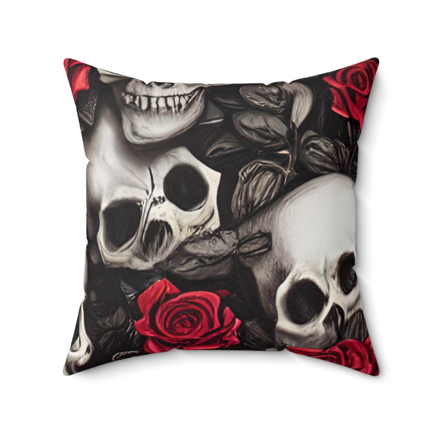 Hyper Realistic Skulls and Red Roses by artist Anne-Laure Goupil Spun Polyester Square Pillow