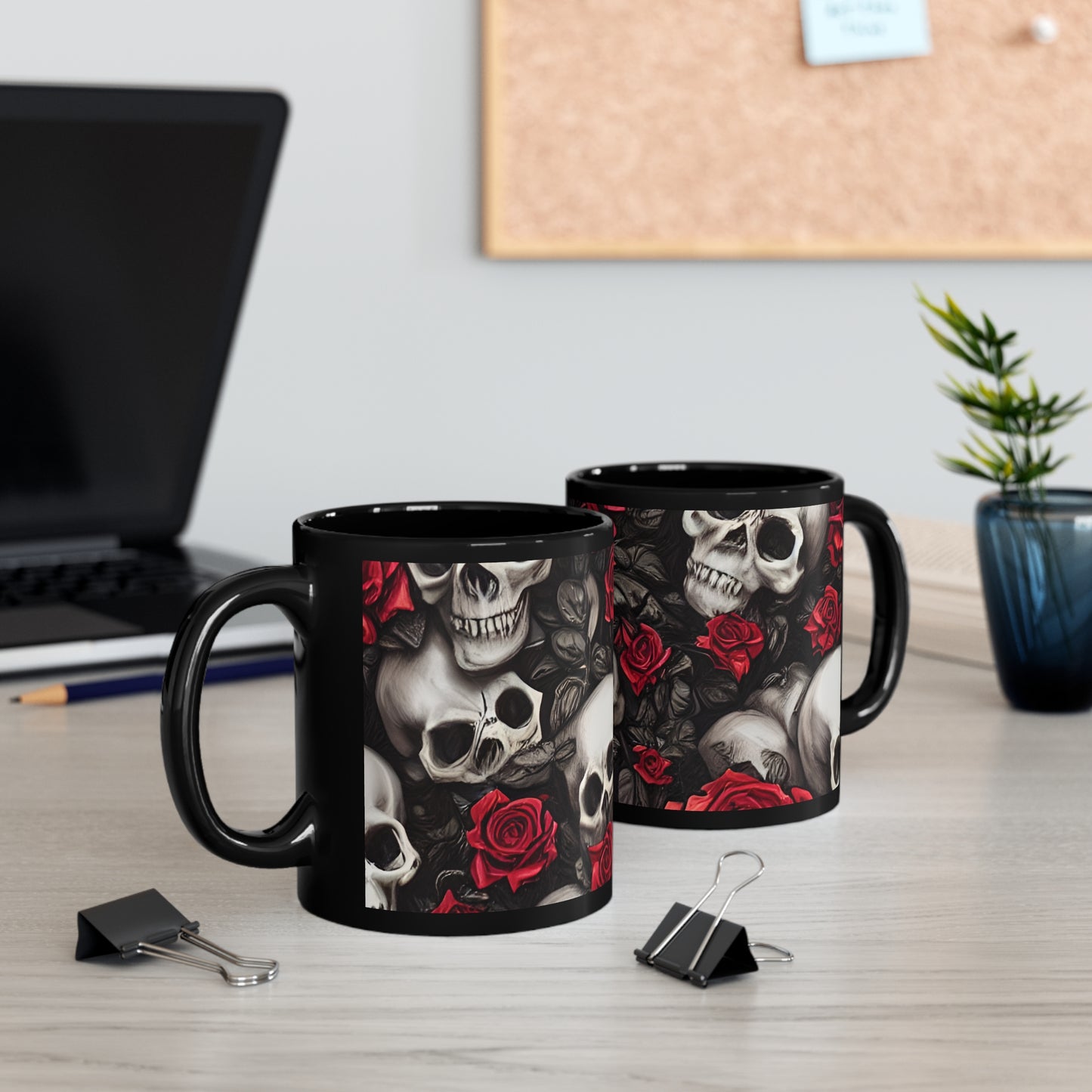 Hyper Realistic Skulls and Red Roses by artist Anne-Laure Goupil 11oz Black Mug