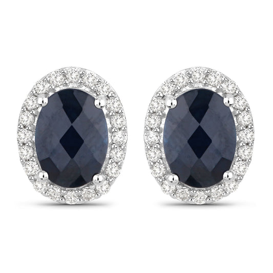 2.16 Carat Genuine Blue Sapphire and White Diamond 14K White Gold Earrings
