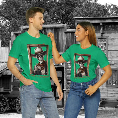 Spooky Saloon Showdown Gunslinging Skeleton Cowboy Halloween Unisex Jersey Short Sleeve Tee