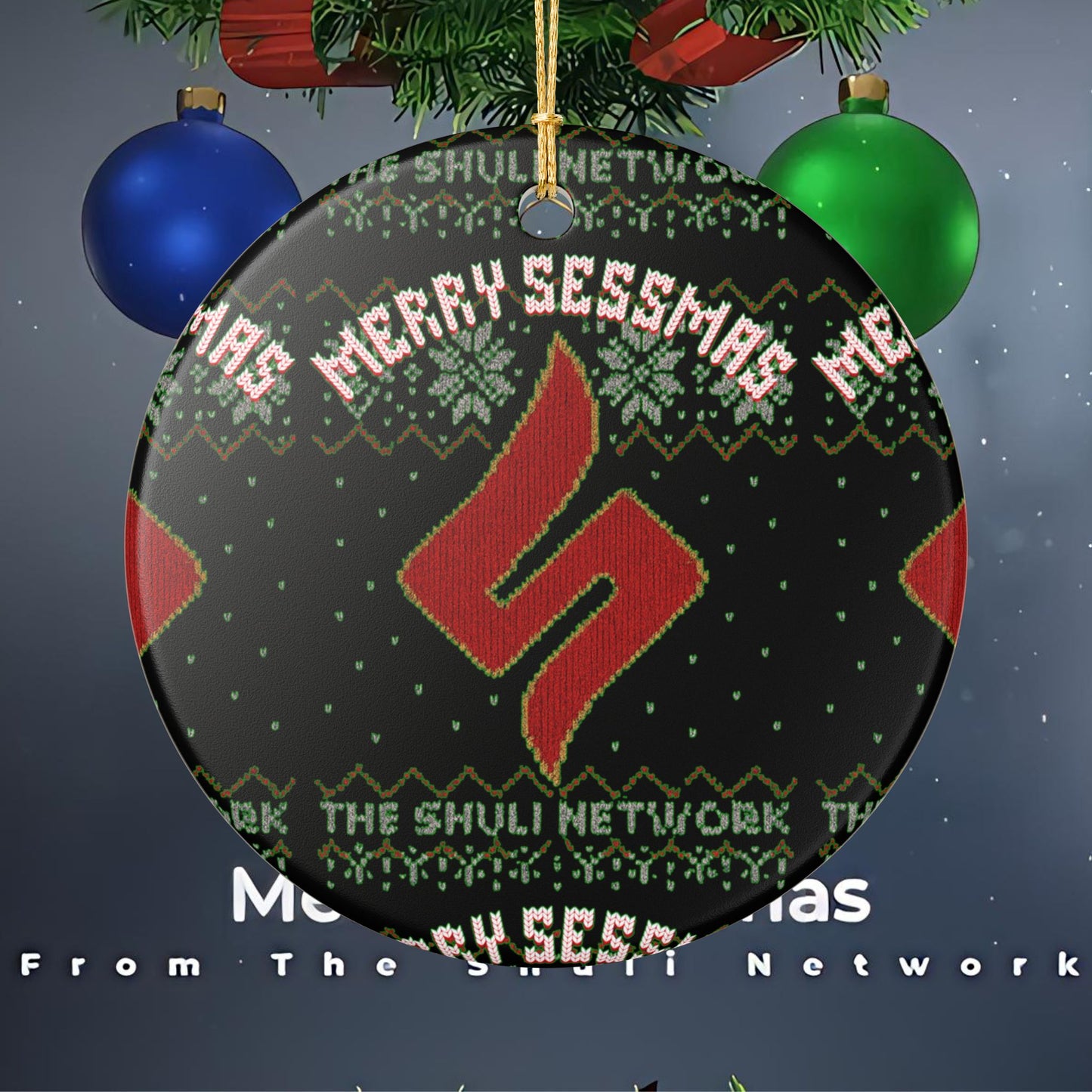 Ceramic Ornament — 'Merry Sessmas' Holiday Tree Decoration (Shuli Network Knit Design)