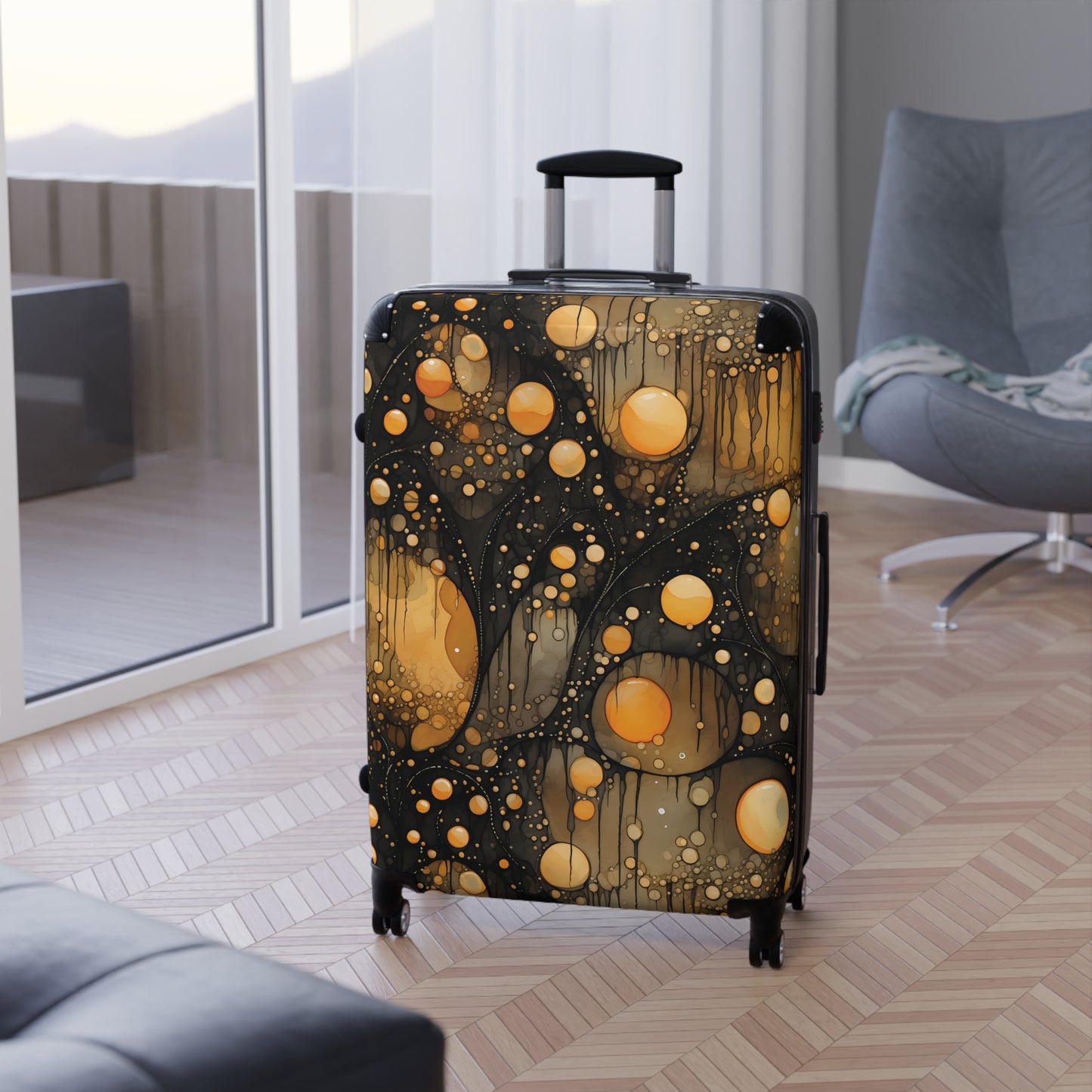 Halloween Yellow Orange Floating Blobs and Dark Suitcase