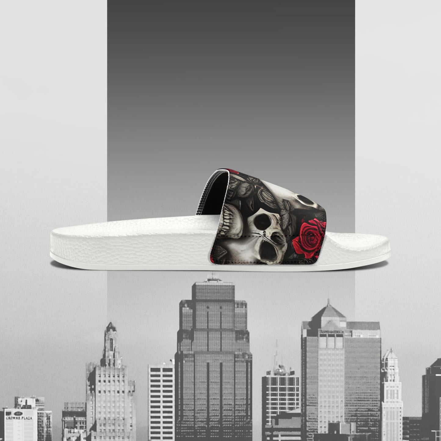 Hyper Realistic Skulls and Red Roses by artist Anne-Laure Goupil Men's PU Slide Sandals