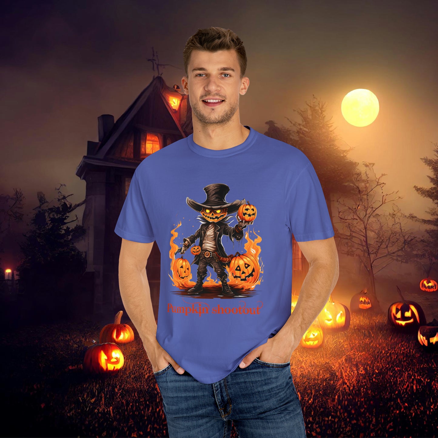 Cowboy Skeleton Gunslinger Pumpkin Shoot Out Halloween Unisex Garment-Dyed T-shirt Gifts for her Gifts for him