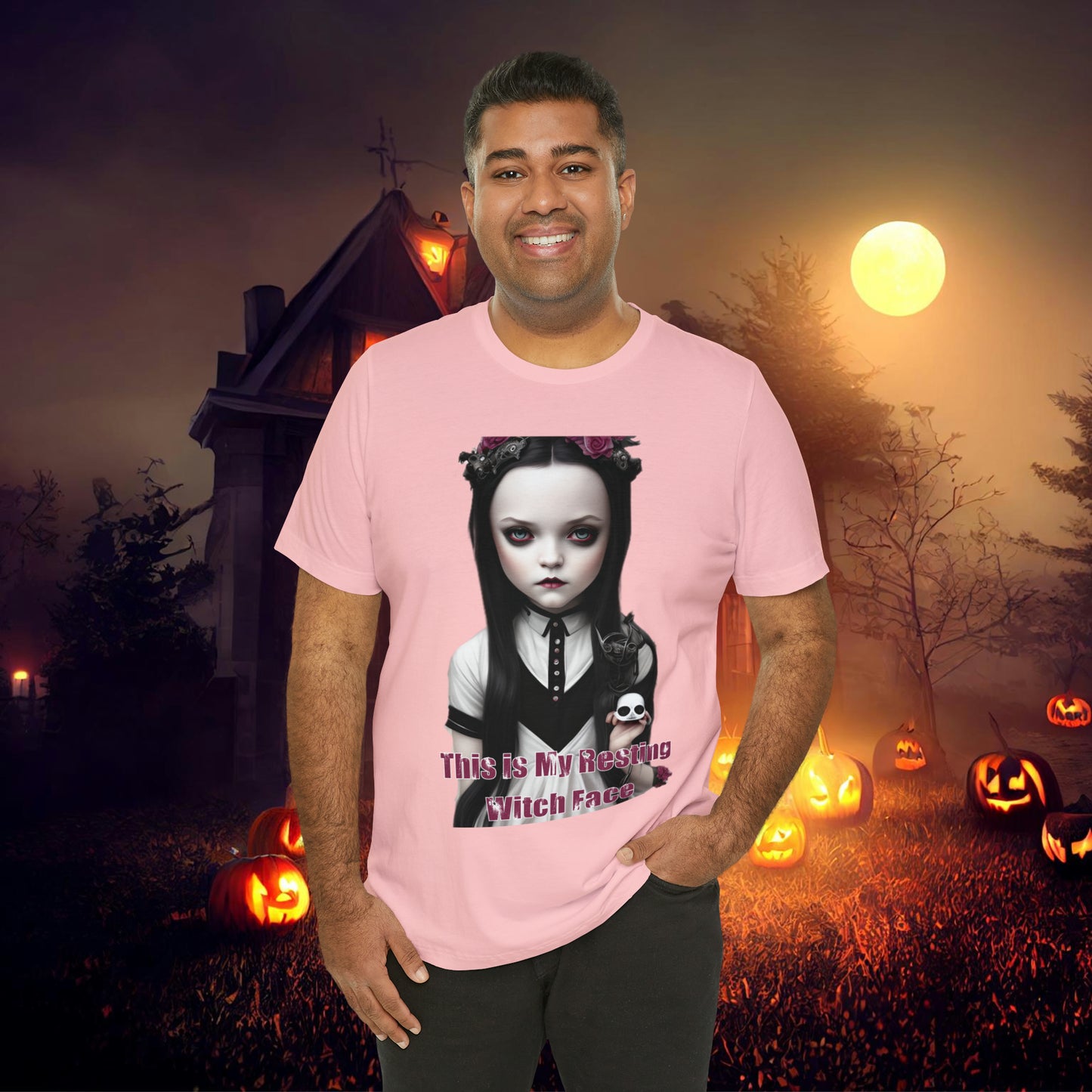 Wednesday Addams Chibi by Charlie Bowater This Is my Resting Witch Face Halloween Unisex Jersey Short Sleeve Tee