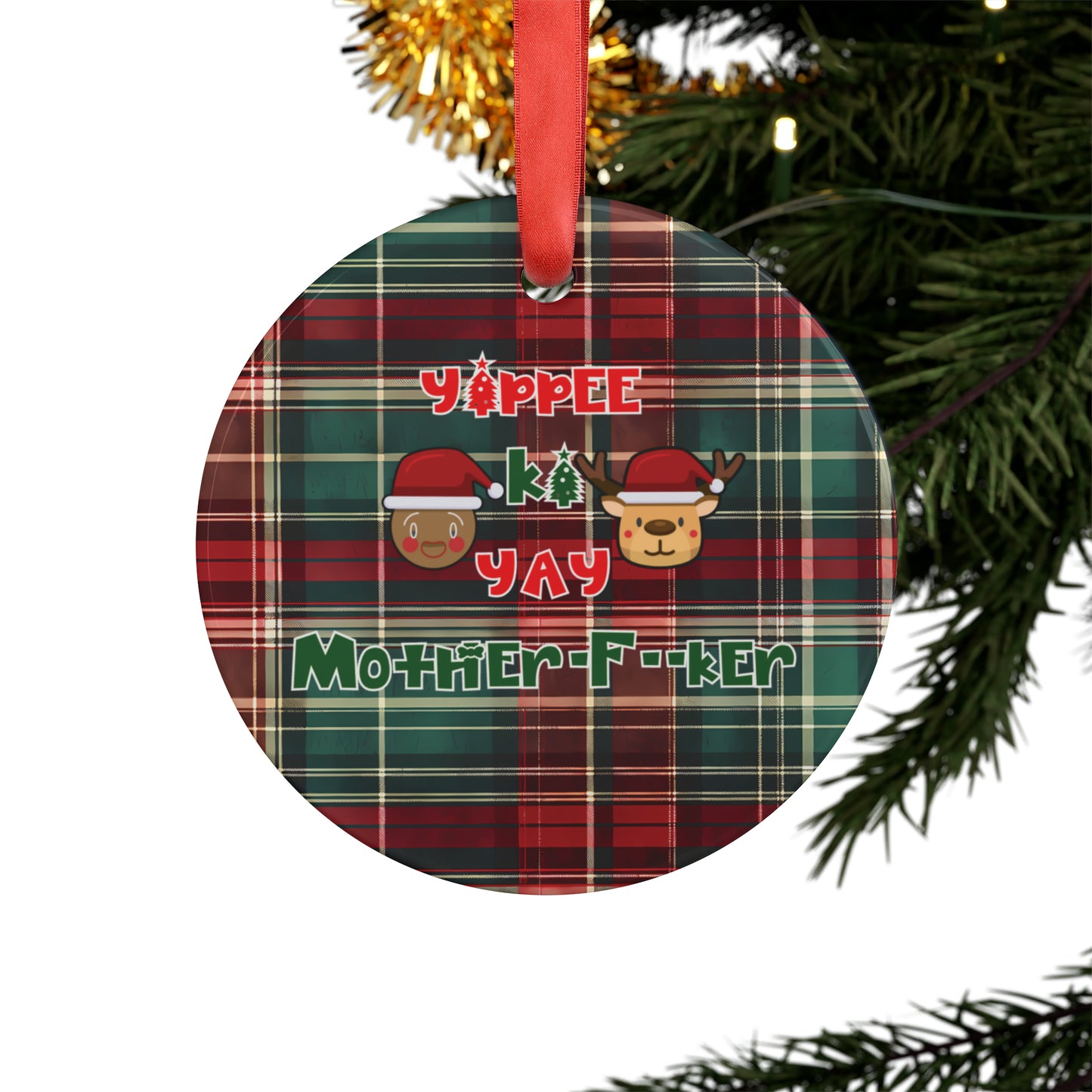 Die Hard Inspired Christmas Acrylic Ornament | Yippee Ki Yay & Machine Gun Quote | Festive Plaid Pattern | Holiday Tree Decor