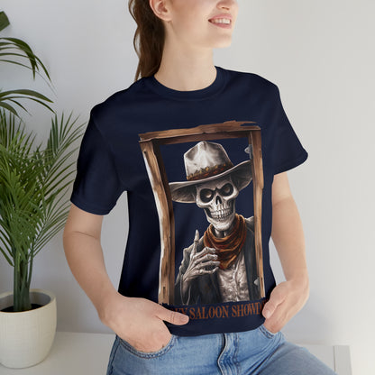 Spooky Saloon Showdown Gunslinging Skeleton Cowboy Halloween Unisex Jersey Short Sleeve Tee