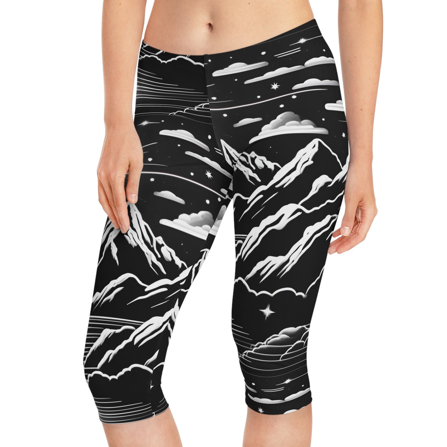 Women's Capri Leggings with Night Sky Silhouette and Moon Over Water - AOP Fitness & Yoga Leggings