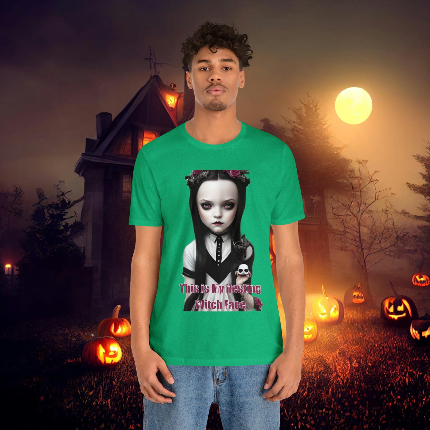 Wednesday Addams Chibi by Charlie Bowater This Is my Resting Witch Face Halloween Unisex Jersey Short Sleeve Tee