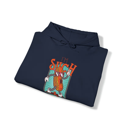 "DirkyThreadz Hot Dog Coolness Hoodie - Quirky Cartoon Design in Bold Blue"