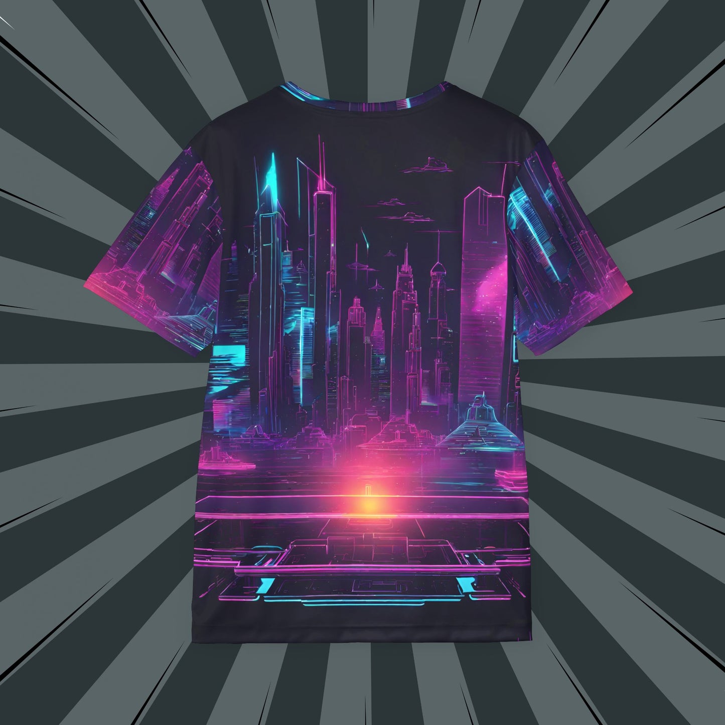 Futuristic City Design, Cyberpunk Jersey, Neon Graphic Tee, Cool Sportswear, Gift for Gamers & Tech Lovers