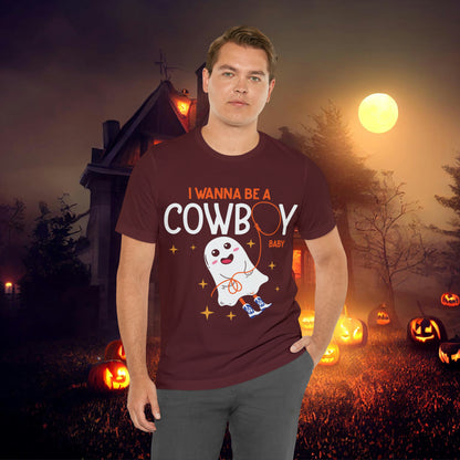 Little Ghost Saying I wanna be a cowboy baby Retro Groovy Western Halloween Unisex Jersey Short Sleeve Tee Gifts for Him Gifts for her.