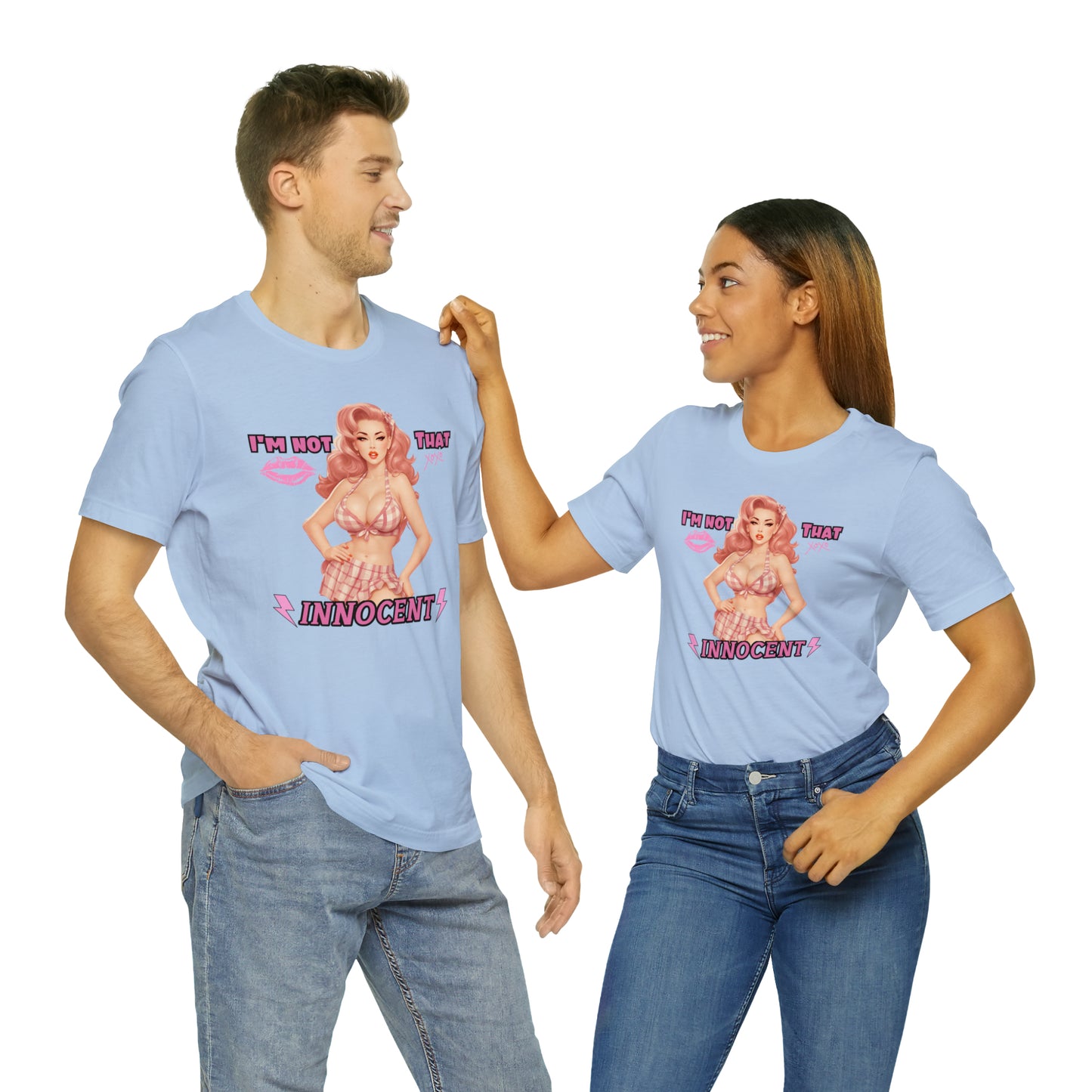 Timeless Elegance: Vintage Pink Pinup Girl "I'm not that Innocent on a Bella+Canva 3001 Unisex Jersey T-Shirt - A Must-Have Gift for her